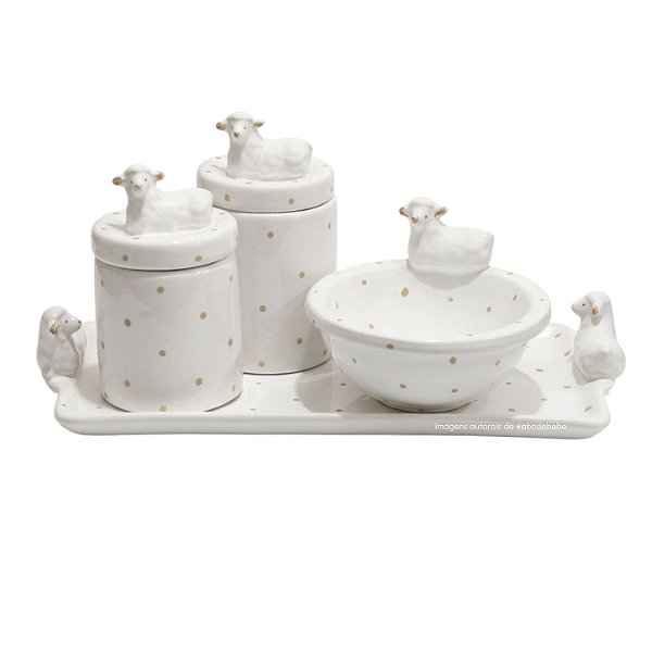 Kit Higiene De Cerâmica 4 Peças - Ovelha/Branco Com Poá