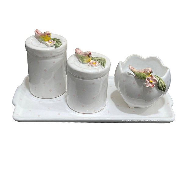 Kit Higiene De Cerâmica 4 Peças - Passarinho Com Flor/Poá