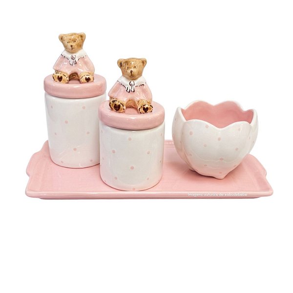Kit Higiene De Cerâmica 4 Peças - Ursa Robby/Poá Rosa