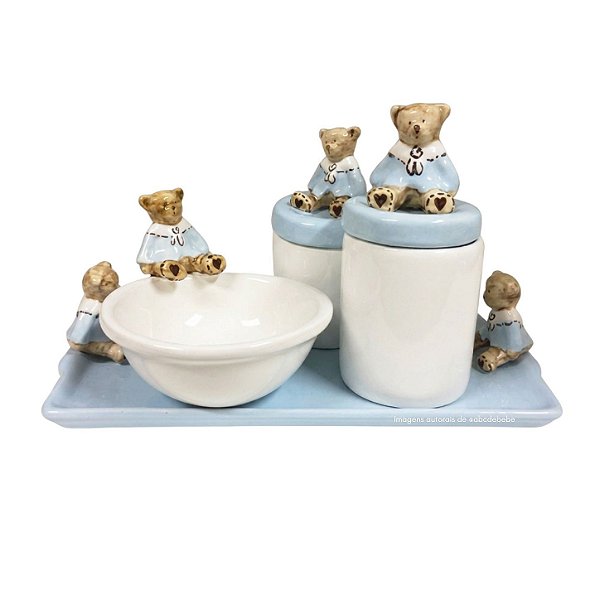 Kit Higiene De Cerâmica 4 Peças - Urso Hobby/ Azul Bebê