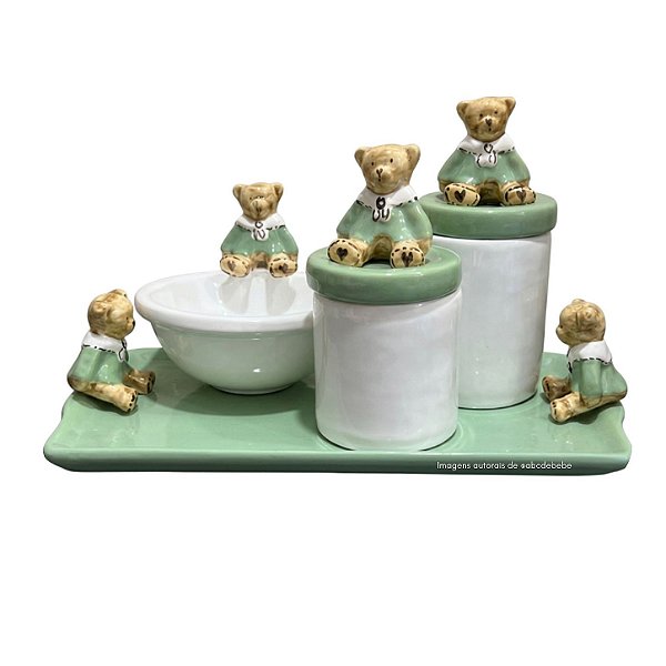 Kit Higiene De Cerâmica 4 Peças - Urso Hobby/Verde Malva