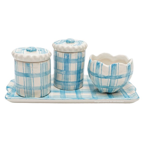 Kit Higiene De Cerâmica 4 Peças - Xadrez/Azul Claro/Tampa Bolinhas