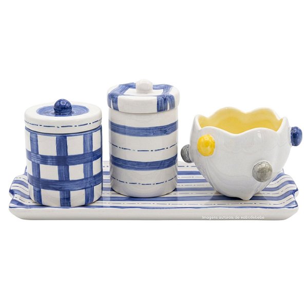 Kit Higiene De Cerâmica 4 Peças - Xadrez/Azul/Amarelo