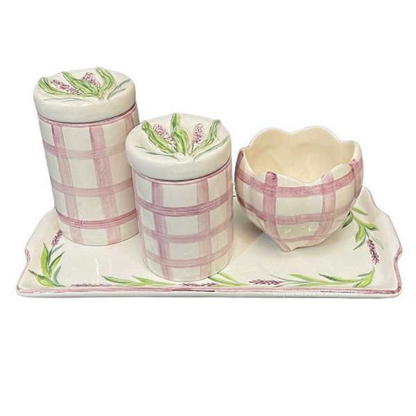 Kit Higiene De Cerâmica 4 Peças - Xadrez/Lavanda