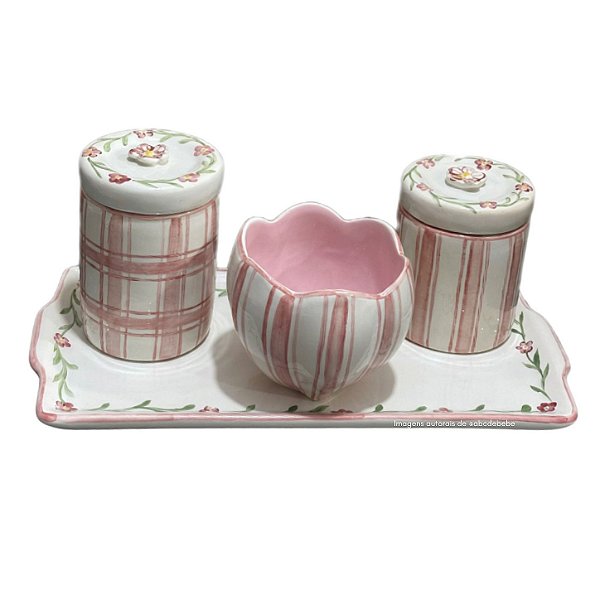 Kit Higiene De Cerâmica 4 Peças - Xadrez/Rosa/Flor