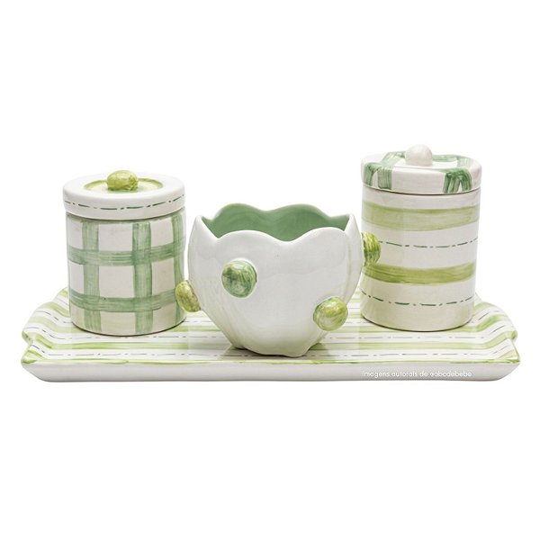 Kit Higiene De Cerâmica 4 Peças - Xadrez/Verde