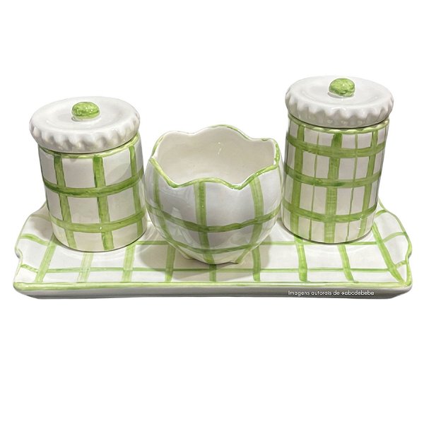 Kit Higiene De Cerâmica 4 Peças - Xadrez/Verde Claro/Tampa Com Bolinhas