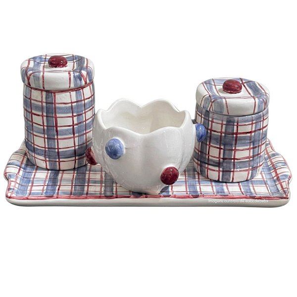 Kit Higiene De Cerâmica 4 Peças - Xadrez/Vermelho/Azul