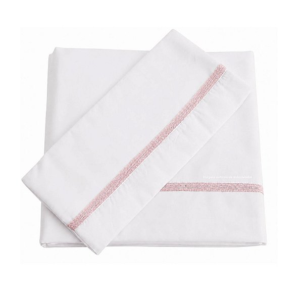 Jogo De Lençol 180 Fios - Branco/Acabamento Em Tricot Rosa Baby