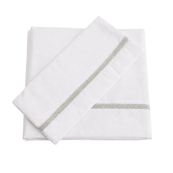 Jogo De Lençol 180 Fios - Branco/Acabamento Em Tricot Cinza Claro 869