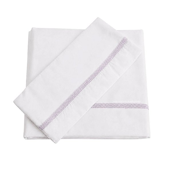 Jogo De Lençol 180 Fios - Branco/Acabamento Em Tricot Lilás Depeche