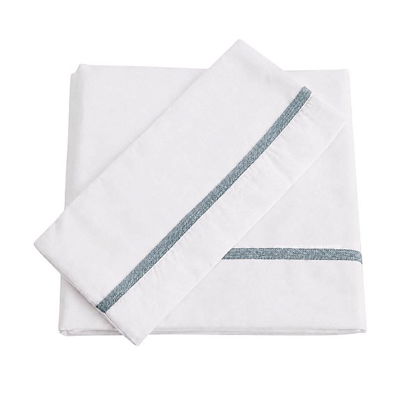 Jogo De Lençol 180 Fios - Branco/Acabamento Em Tricot Azul Canto