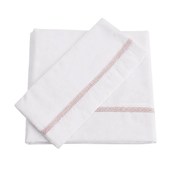 Jogo De Lençol 180 Fios - Branco/Acabamento Em Tricot Rosa Pastel