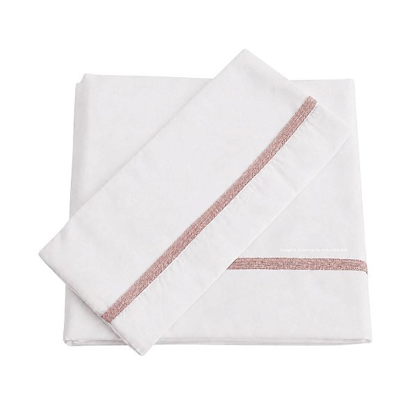 Jogo De Lençol 180 Fios - Branco/Acabamento Em Tricot Rosa Amaralina