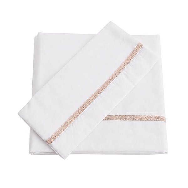 Jogo De Lençol 180 Fios - Branco/Acabamento Em Tricot Salmão Rosê
