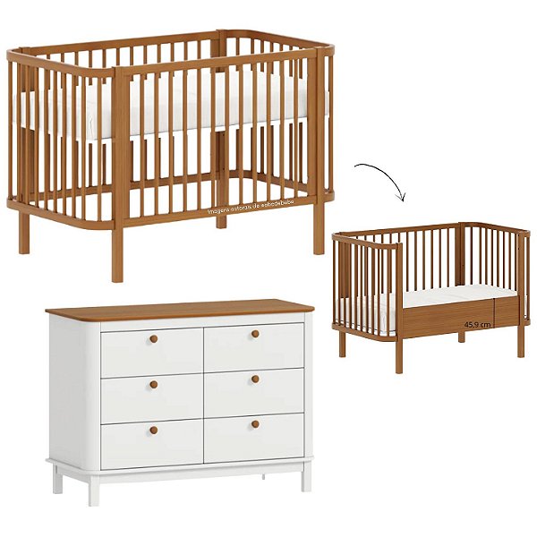 Conjunto - Berço 2 Em 1 Kurve + Cômoda 6 Gavetas - Branco Com Nogueira