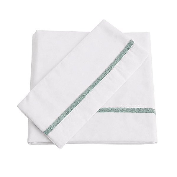 Jogo De Lençol 180 Fios - Branco/Acabamento Em Tricot Verde Senécio