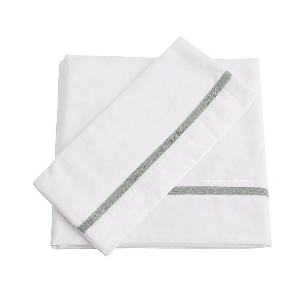 Jogo De Lençol 180 Fios - Branco/Acabamento Em Tricot Verde M.Plantação