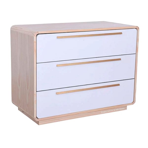 Cômoda Infantil Wave - 3 Gavetas - Corpo Nature/Gavetas Brancas Com Puxador Dourado