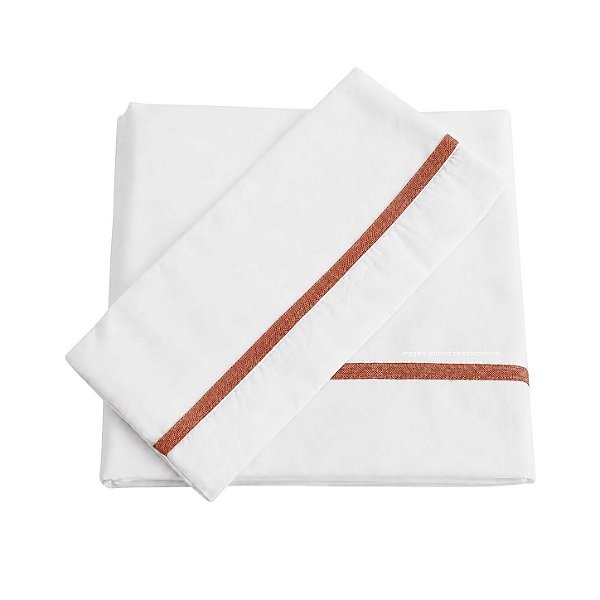 Jogo De Lençol 180 Fios - Branco/Acabamento Em Tricot Terracota