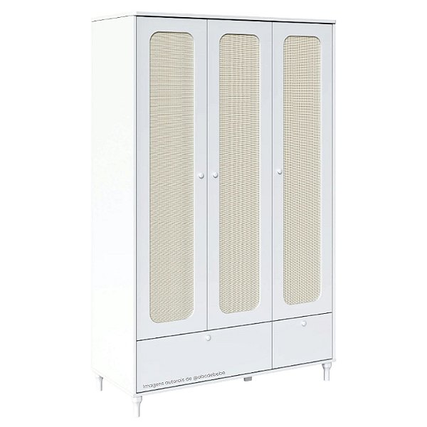 Guarda-Roupa Infantil 3 Portas Fofura - Branco Com Rattan