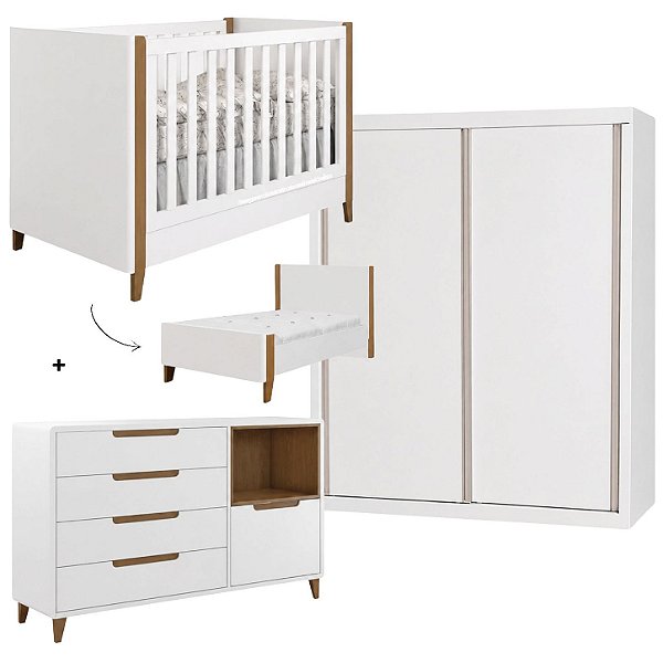 Quarto Completo - Berço 2 Em 1 Capri + Cômoda Capri Com Nicho + Guarda-Roupa White II - Branco/Pés Mel