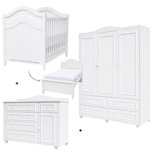 Quarto Completo Paris - Berço 2 Em 1 + Cômoda Com Porta + Guarda-Roupa 3 Portas - Branco