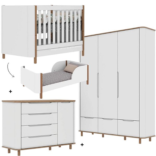 Quarto Completo Olivia - Berço 2 Em 1 + Cõmoda C/Porta + Roupeiro 3 Portas - Pé Quadrado - Branco Com Cinamomo