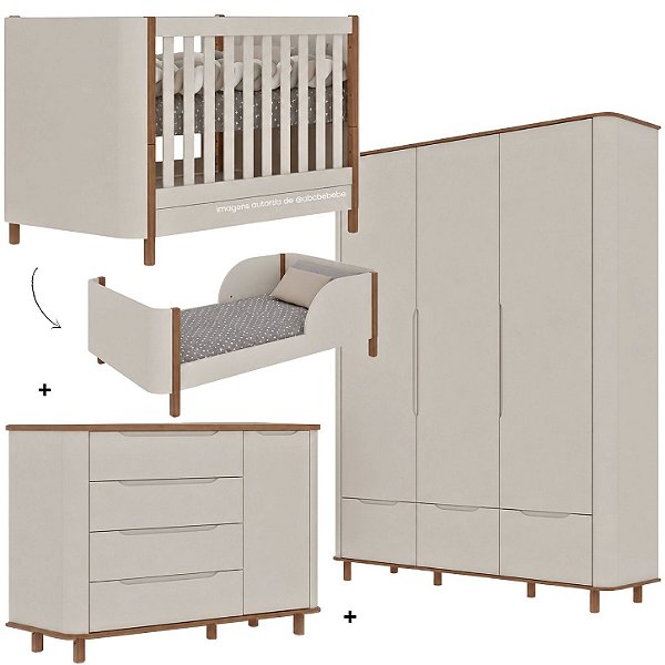 Quarto Completo Olivia - Berço 2 Em 1 + Cõmoda C/Porta + Roupeiro 3 Portas - Pé Quadrado - Off White Com Cinamomo