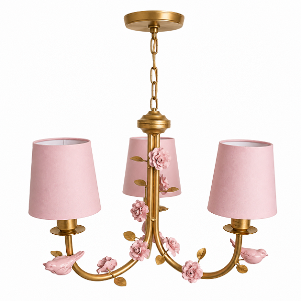 Lustre de Flores e Passarinhos - Dourado e Rosa - 3 Cúpulas