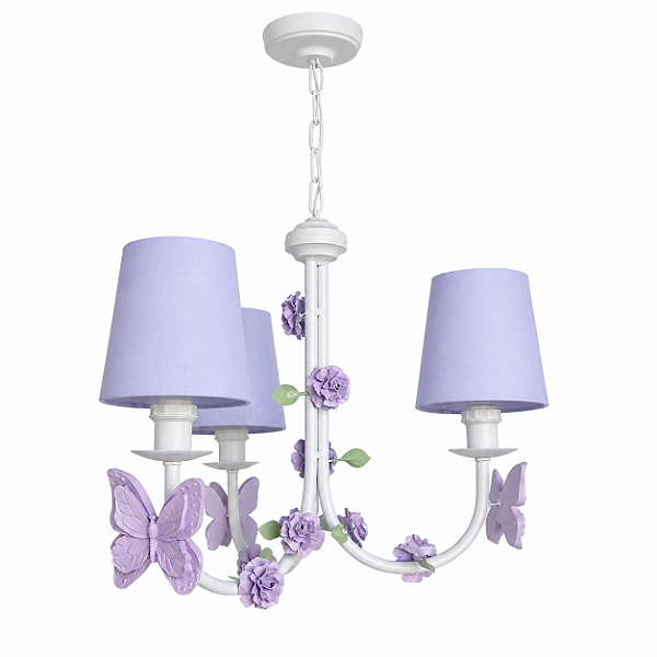 Lustre Borboleta - Branco Lilás e Flores - 3 Braços Cúpulas