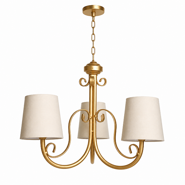 Lustre Luminária Arabesco Dourado e Bege - 3 Braços Cúpulas