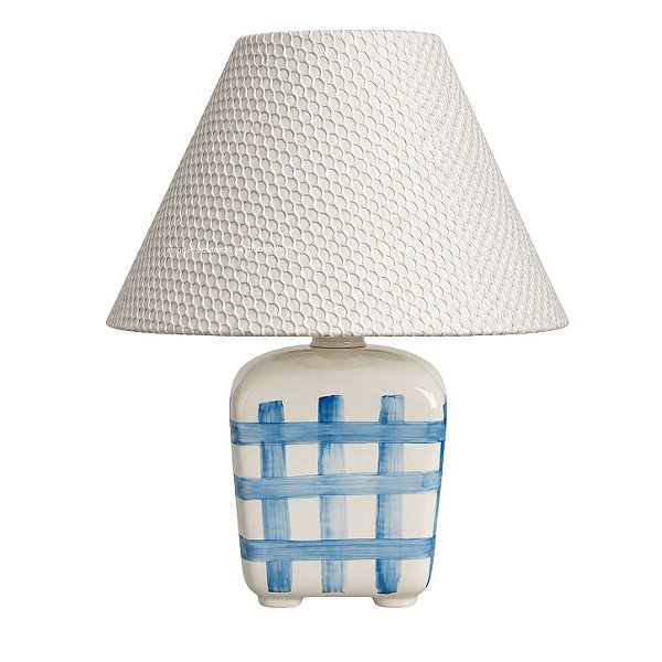 Abajur Cêramica Quadrado Xadrez/Azul - Com Cúpula
