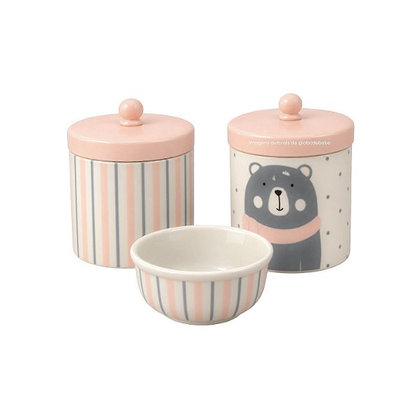 Kit Higiene 3 Peças Urso Com Listras Rosa/Cinza - Peça De Mostruário - prontaentrega