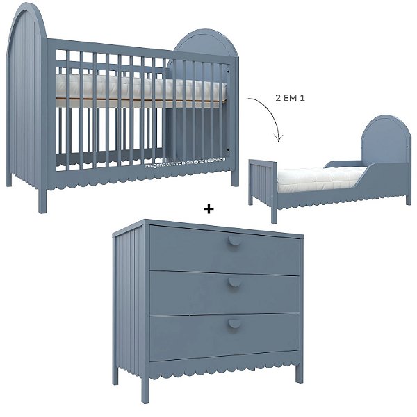 Cojunto Berço 2 Em 1 E Cômoda Rococó - Azul Sereno