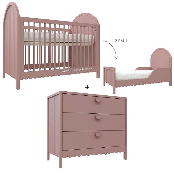 Cojunto Berço 2 Em 1 E Cômoda Rococó - Rose