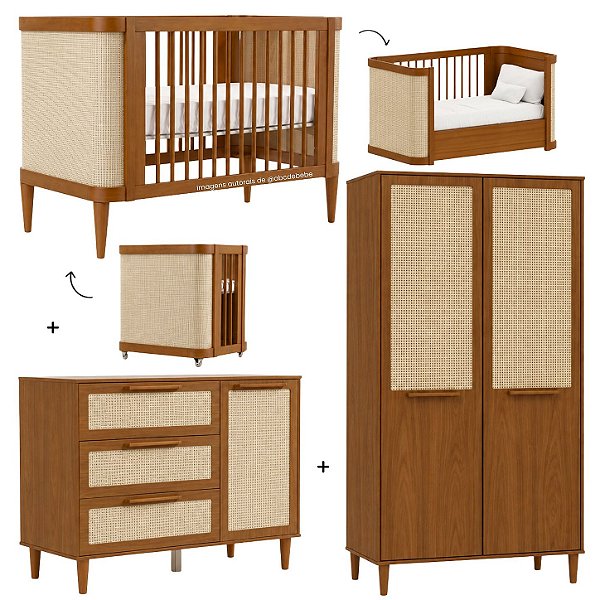 Quarto Completo Paglia - Berço 3 Em 1 + Cômoda Com Porta + Roupeiro 2 Portas - Nogueira/Louro Freijó