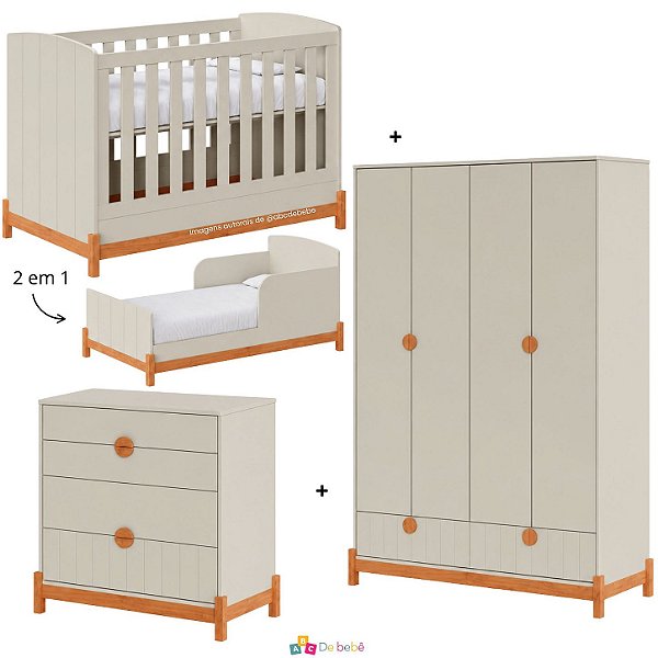 Quarto Completo Lamê - Berço 2 Em 1 + Cômoda + Guarda-Roupa 4 Portas - Areia Com Carvalho Avelã