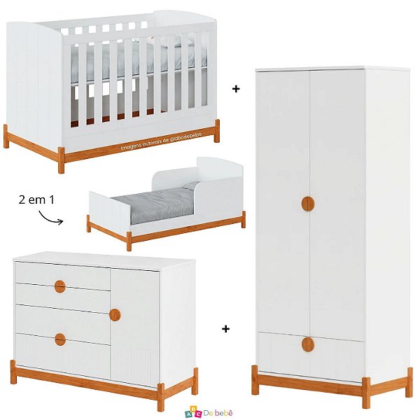 Quarto Completo Lamê - Berço 2 Em 1 + Cômoda + Guarda-Roupa 2 Portas - Branco Com Carvalho Avelã