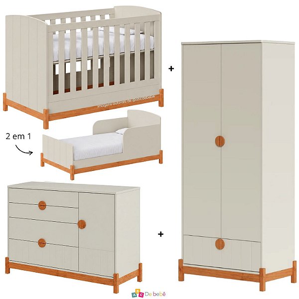 Quarto Completo Lamê - Berço 2 Em 1 + Cômoda + Guarda-Roupa 2 Portas - Areia Com Carvalho Avelã