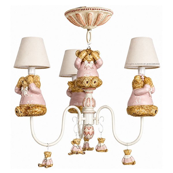 Lustre Ursas Einstein H 3 Braços / Rosa - Com 3 Cúpulas