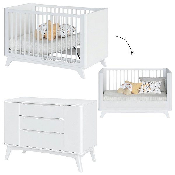 Conjunto Sambalelê - Berço 2 Em 1 + Cômoda 2 Portas - Branco