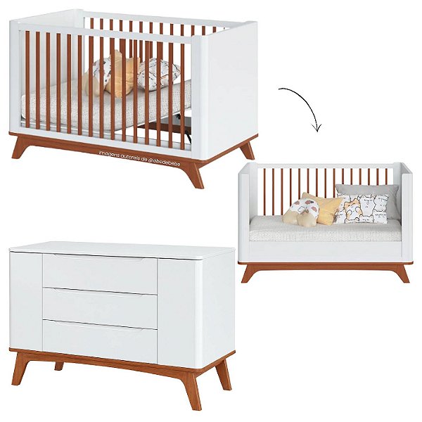 Conjunto Sambalelê - Berço 2 Em 1 + Cômoda 2 Portas - Branco Com Mel