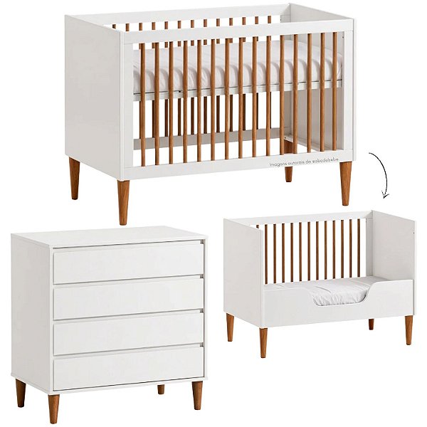Conjunto Luny - Berço 2 Em 1 + Cômoda 3 Gavetas - Branco Com Nogueira
