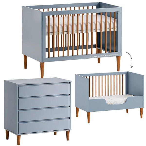 Conjunto Luny - Berço 2 Em 1 + Cômoda 3 Gavetas - Azul Com Nogueira