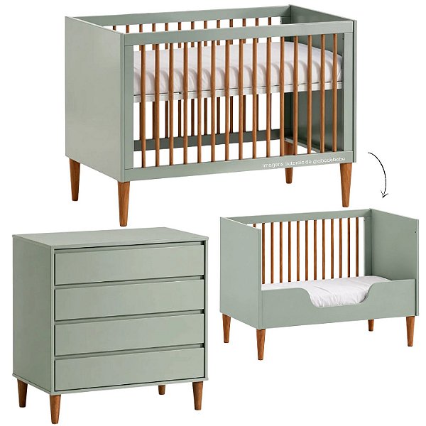 Conjunto Luny - Berço 2 Em 1 + Cômoda 3 Gavetas - Verde Jade Com Nogueira