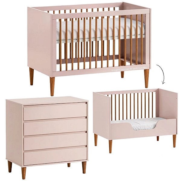 Conjunto Luny - Berço 2 Em 1 + Cômoda 3 Gavetas - Rosa Com Nogueira