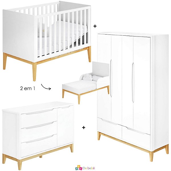 Quarto Completo Amor Perfeito - Berço 2 Em 1 + Cômoda Com Porta + Guarda-Roupa 4 Portas - Branco