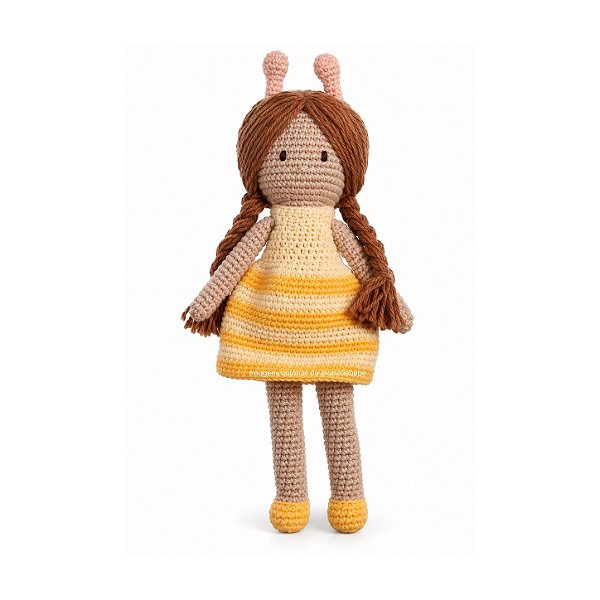 Amigurumi Decorativo Infanil Menina Vestido Amarelo Listrado - Margaridas - 97-38