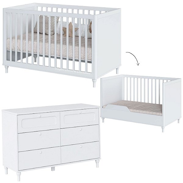 Conjunto Fofura - Berço 2 Em 1 + Comoda 6 Gavetas - Branco